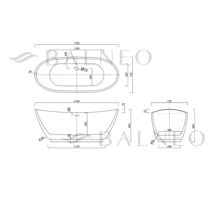 Laisvai pastatoma vonia Balneo Parma 170cm - Image 2