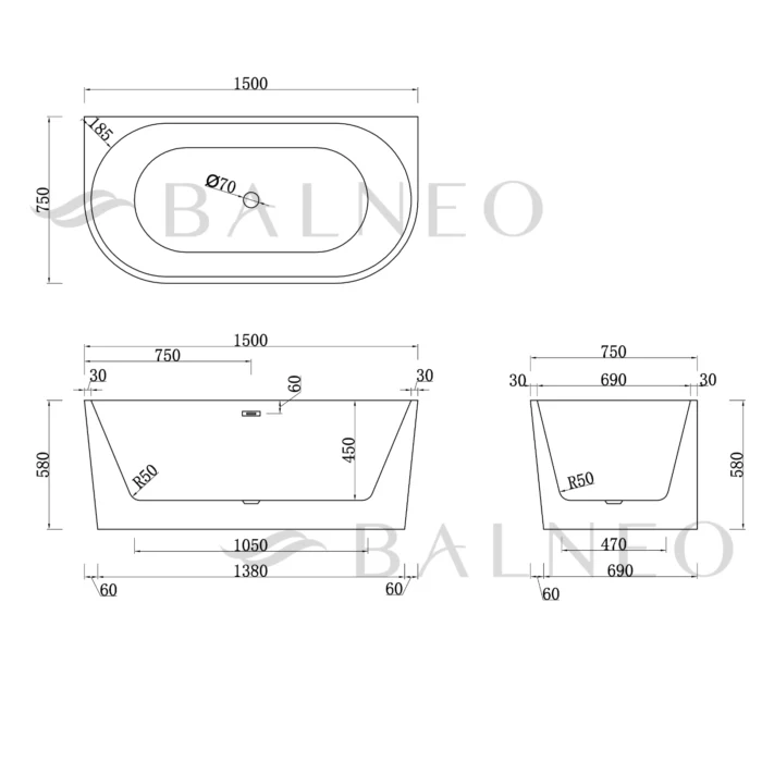 Laisvai pastatoma vonia prie sienos Balneo VIVA 160cm - Image 4