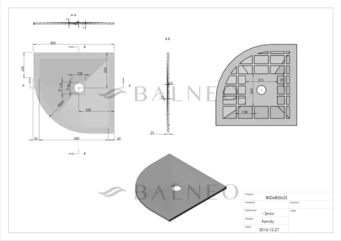 Dušo padėklas pusapvalis Balneo Stone Tray 90x90cm - Image 3