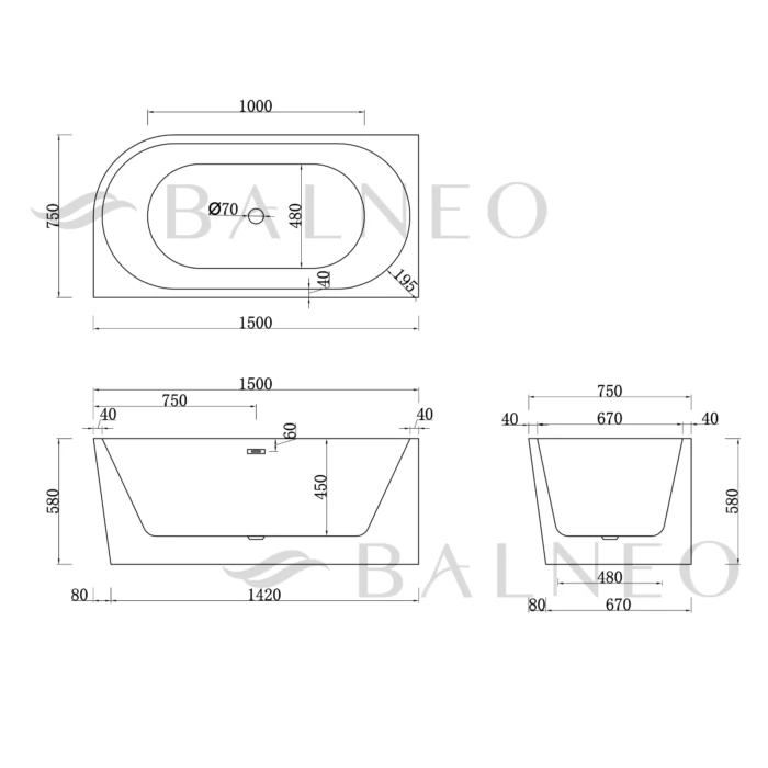 Laisvai pastatoma vonia kairinė Balneo AVOLA 150cm - Image 6