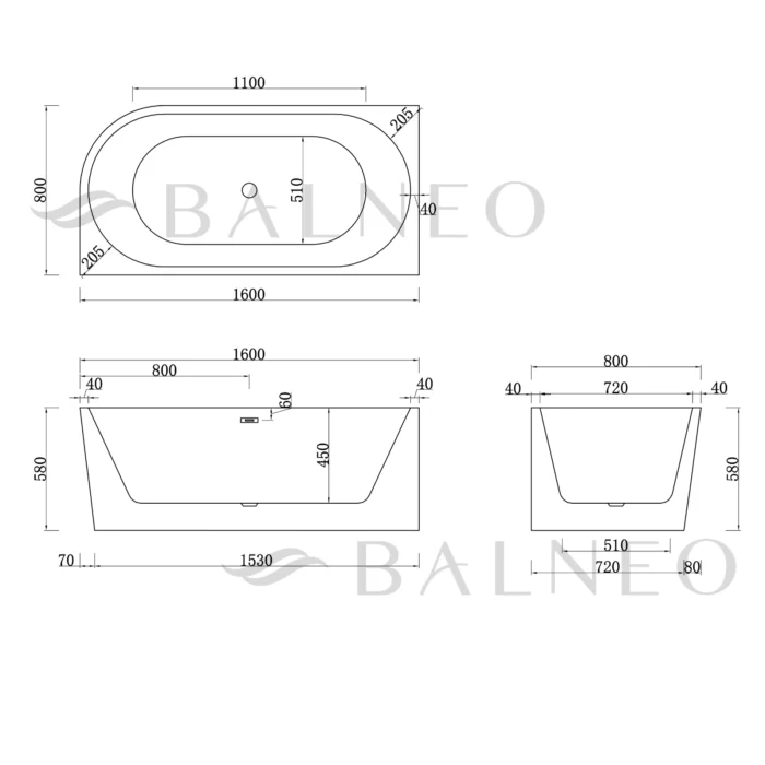 Laisvai pastatoma vonia kairinė Balneo AVOLA 160cm - Image 6