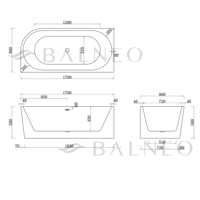 Laisvai pastatoma vonia kairinė Balneo AVOLA 170cm - Image 6