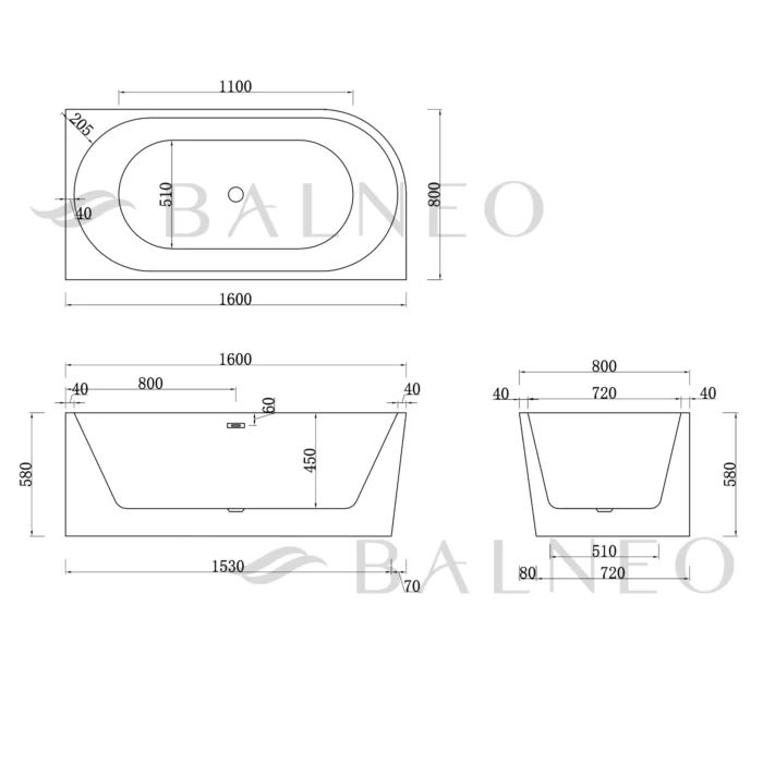 Laisvai pastatoma vonia dešininė Balneo AVOLA 160cm - Image 6