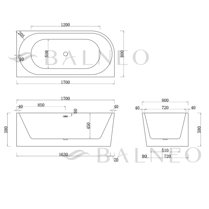 Laisvai pastatoma vonia dešininė Balneo AVOLA 170cm - Image 2