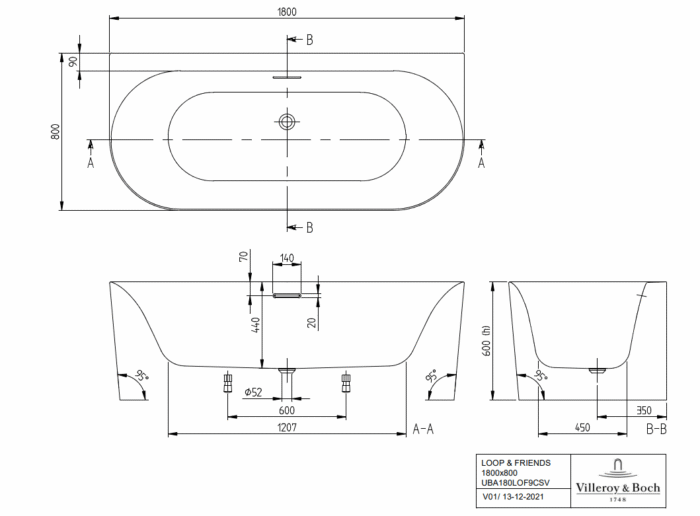 Laisvai pastatoma vonia prie sienos Villeroy & Boch Loop&Friends 170cm - Image 2