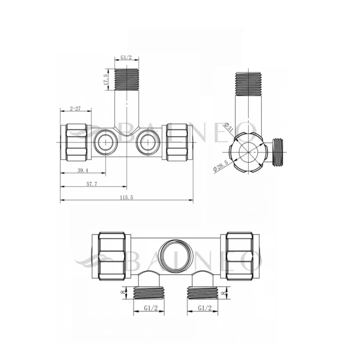 Prietaisinis kranelis Balneo Model 3 1/2 x 1/2 x 1/2 - dviejų krypčių - Image 3