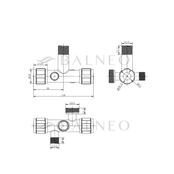 Prietaisinis kranelis Balneo Model 4 1/2 x 3/8 x 3/4 - trijų krypčių - Image 3