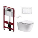 Potinkinio WC rėmo komplektas Tece Base su baltu WC mygtuku ir Simas Trevi Rimless su Soft Close dangčiu puodu