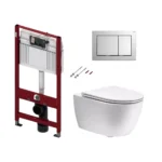 Potinkinio WC rėmo komplektas Tece Base su chromo WC mygtuku ir Simas Trevi Rimless su Soft Close dangčiu puodu