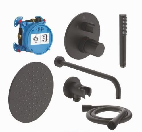 Potinkinis dušo komplektas Ideal Standard Ceratherm T100, su termostatiniu maišytuvu, Ø30cm galva (7 dalių), juodas matinis Potinkinis dušo komplektas Ideal Standard Ceratherm T100, su termostatiniu maišytuvu, Ø30cm galva (7 dalių), juodas matinis