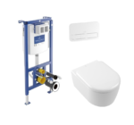 Potinkinis WC komplektas Villeroy&Boch Skyla su potinkiniu rėmu ir Soft-Close dangčiu ir baltu mygtuku
