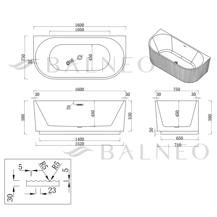 Laisvai pastatoma akrilinė gofruota vonia prie sienos Balneo Viva No Rim 160×75 cm - Image 9